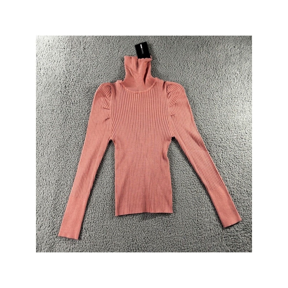 Dusty Rose Turtleneck Women L Pink Ribbed Puff Shoulder Romantic‎ Coquette Chic